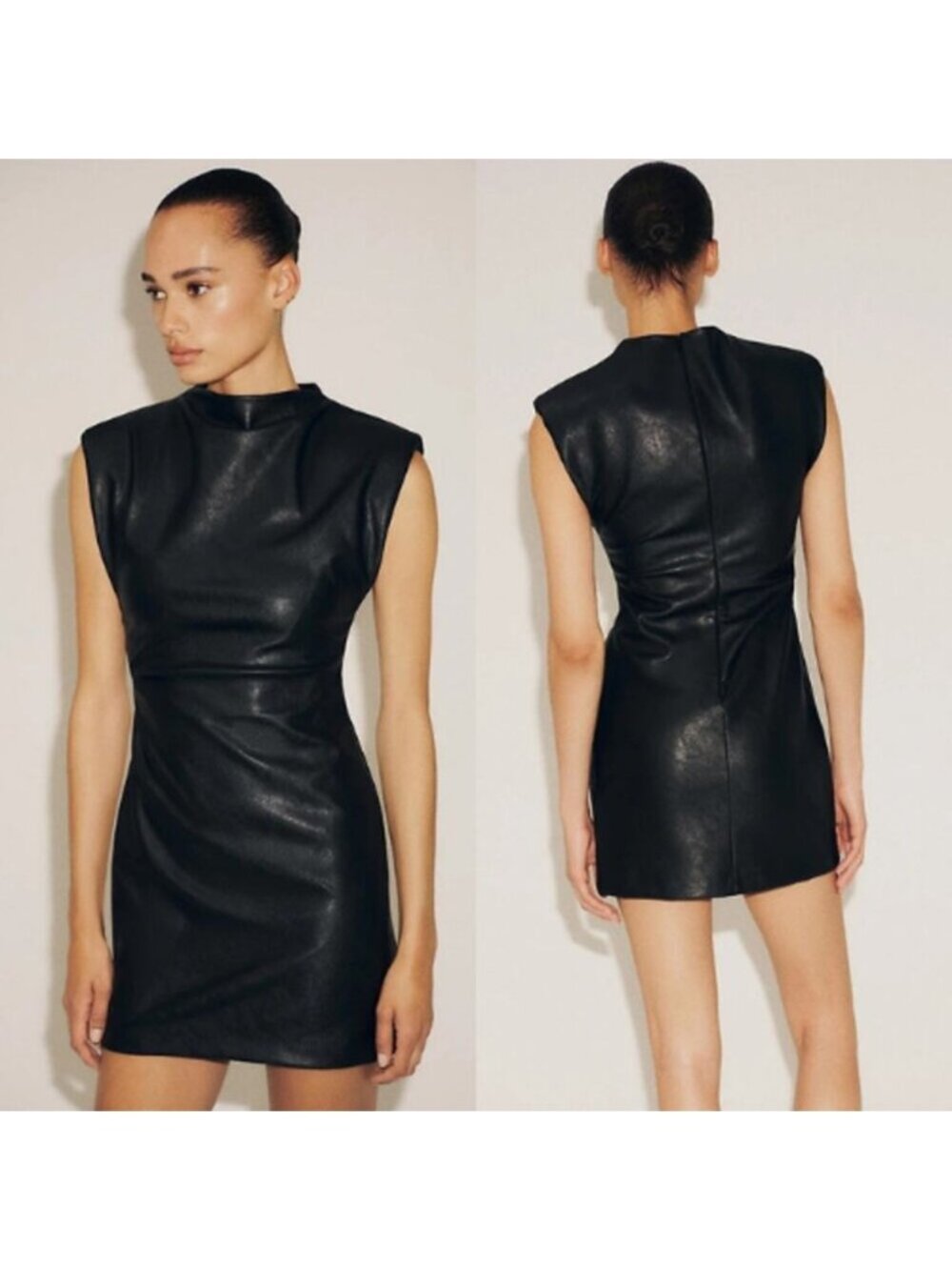 NWT Zara Zip Back Padded Shoulders Faux Leather Mock Neck Mini Dress Size: XS